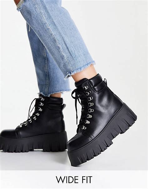 asos design wide fit anastasia chunky hiker lace up boots in black asos
