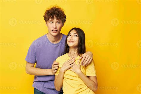 Cute Young Couple Friendship Posing Fun Studio Isolated Background