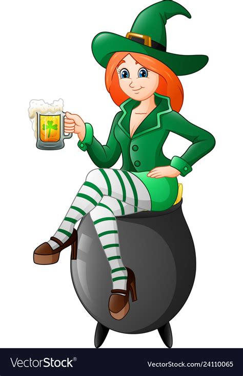 Cartoon Woman Leprechaun Sitting On The Pot With H