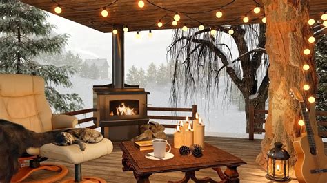 Winter Cozy Veranda With Snow Falling Ambience And Relaxing Sounds Of