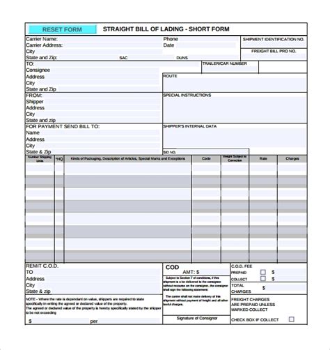 Free Printable Straight Bill Of Lading Short Form Printable Forms