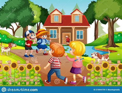 Outdoor Scene With Many Children Visiting Their Friends Stock Vector