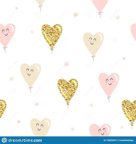 Kawaii Heart Balloons Seamless Pattern Background Gold Glitter Pastel Pink And Beige Colors