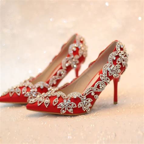 Women Pumps 2016 Red Bridal Shoes High Heels Wedding Shoes Rhinestone Thin Heels Formal Dress
