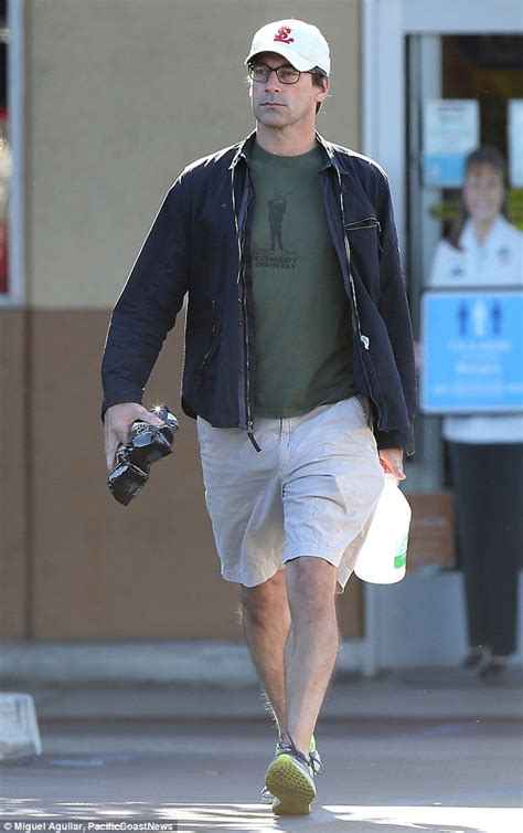 jon hamm ditches his suave mad men look for t shirt and shorts as he grabs coffee in la daily