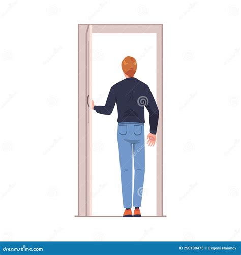 Man Character At Open Door Leaving Home Going Out Vector Illustration