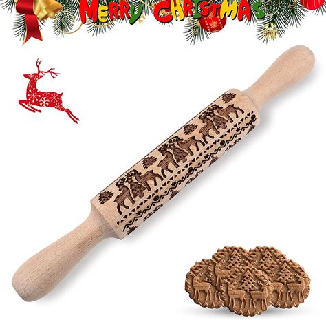 Christmas Wooden Rolling Pins Deeply Engraved Embossing