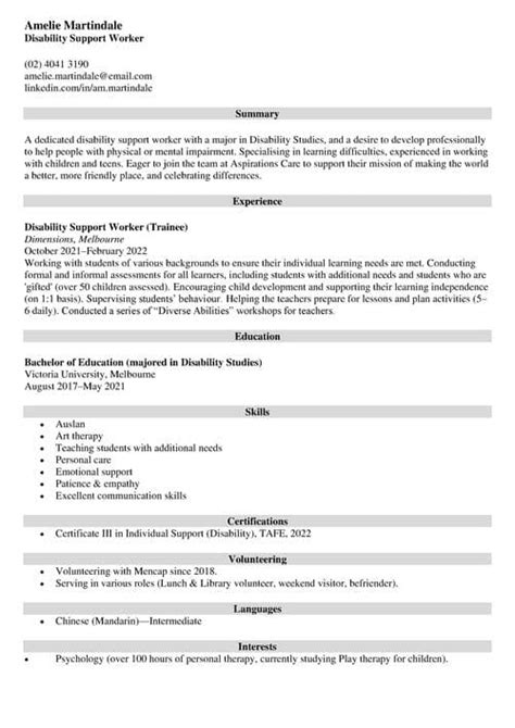 Disability Support Worker Resume Sample For Australia