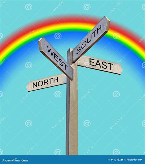 Rainbow Sign Post Arrows Direction North South East West Stock