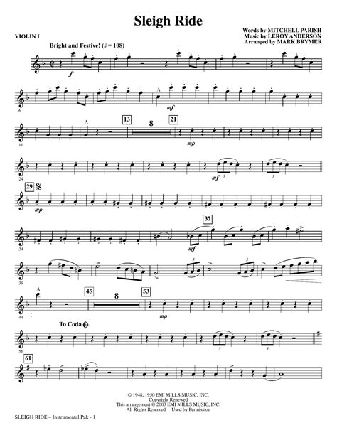 Sleigh Ride Arr Mark Brymer Violin 1 Sheet Music Leroy Anderson Choir Instrumental Pak