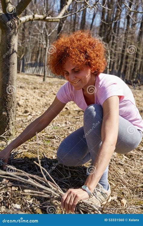 Woman Spring Cleaning The Orchard Stock Photo Image Of Leafless