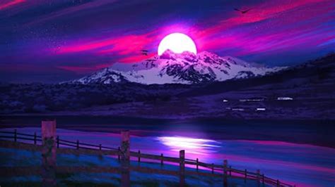 Landscape View Of Snow Covered Mountains In Moon Dark Pink Blue Sky