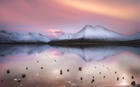 Nature Landscape Calm Lake Mountain Clouds Snowy Peak Pink