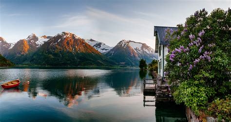 House Fjord Mountains Reflection Landscape Nature Sea Flowers