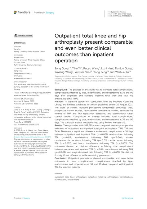 Pdf Outpatient Total Knee And Hip Arthroplasty Present Comparable And