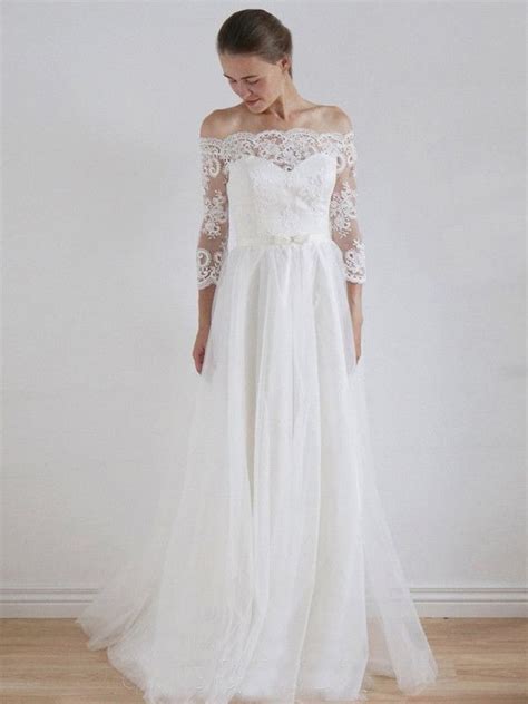 Denn diese brautkleider passen zu jedermann. Lang A-Linie Spitze Tüll Schulterfrei Brautkleid mit 3/4 ...