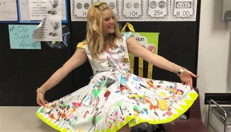 Teacher Wears Stunning Dress Made Of Her Students Artwork