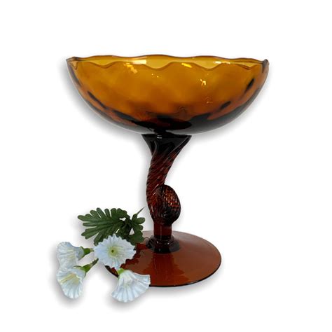 vintage dark amber brown glass pedestal dish w swirled stem mid century retro 6 tall bowl