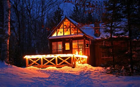 Wallpaper Lights Forest Night Snow Winter House Evening Hut