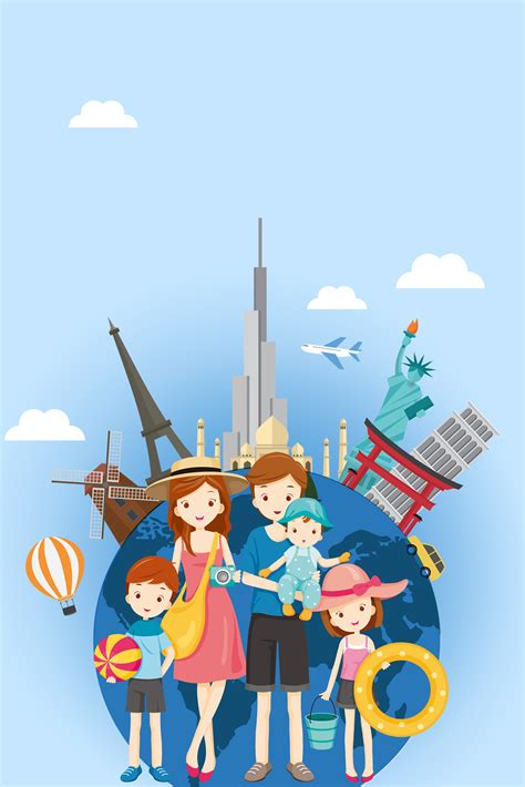 family cartoon global travel blue banner  autumn