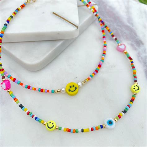Smiley Face Necklace Emoji Necklace Beaded Rainbow Smiley Etsy
