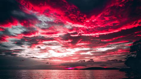 Desktop wallpaper sea, sunset, red clouds, nature, hd image, picture, background, a27975