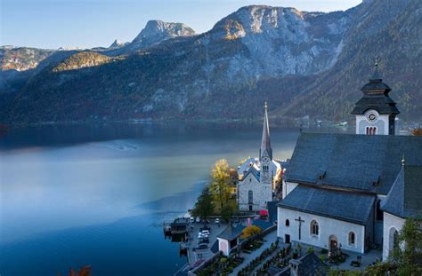 4k 5k Lake Hallstatt Mountains Coast Austria Lake Church