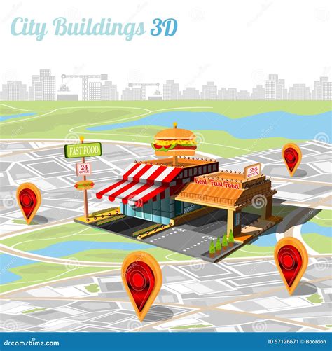 Building Of Fast Food And Location On City Map Stock Vector