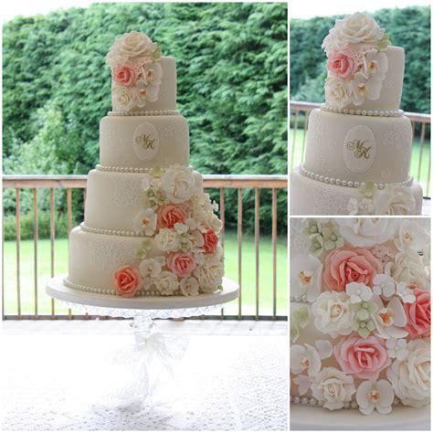 Tiers And Tiaras Vintage Lace Roses And Orchids Wedding Cake