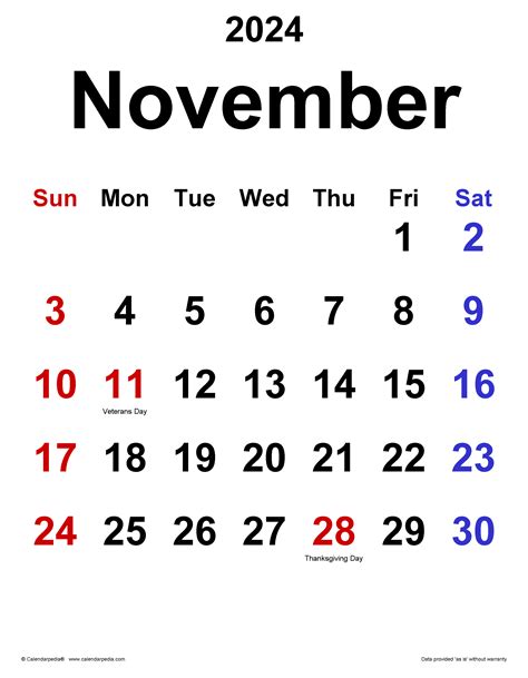 November 2024 Calendar Templates For Word Excel And Pdf