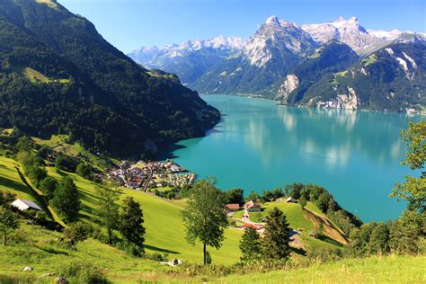 4k Scenery Lake Switzerland Mountains Grasslands Sky Alps Hd
