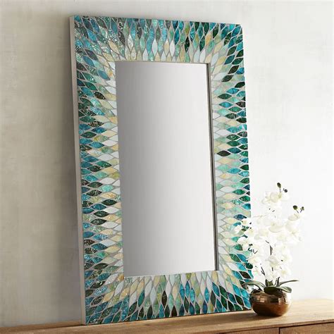 Beautiful handmade mosaic mirror bevelled edge white ceramic and blue foiled glass mosaic tile. Cascade Mosaic Mirror | Everything Turquoise