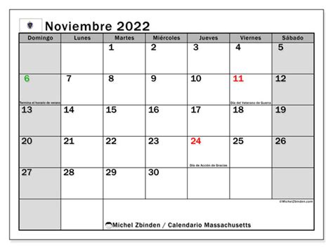 Calendario “massachusetts” Noviembre De 2022 Para Imprimir Michel