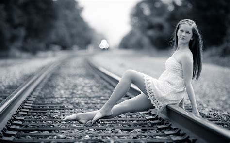 Brunette Girls Females Women Woman Railway Railroad Tracks Train Mood