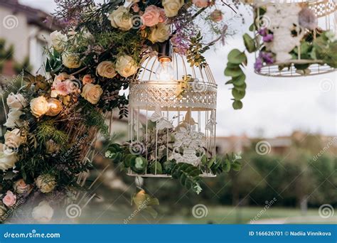 Beautiful Wedding Ceremony Event In Garden At Sunset Stock Image