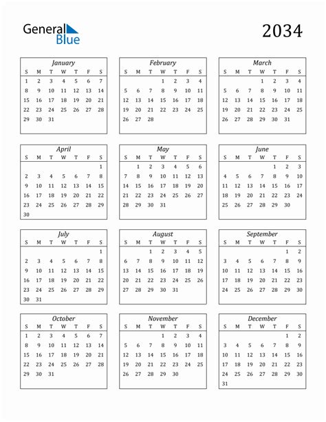 2034 Blank Yearly Calendar Printable