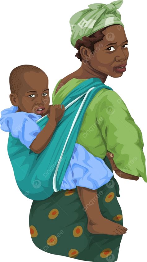 African Mother Carrying Her Son In A Piggyback Ridea Vector