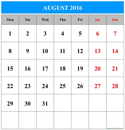 August 2016 Calendars For Word Excel Pdf