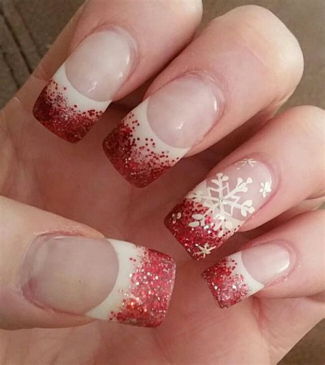 Winter Red And White Snowflake French Tip Holiday Nails Christmas