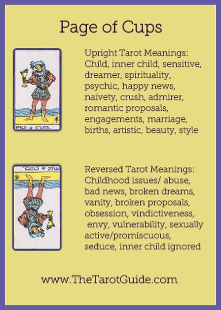 Upright lovers tarot card meaning. Page of Cups Tarot Flashcard showing the best keyword meanings for the upright & reversed card ...