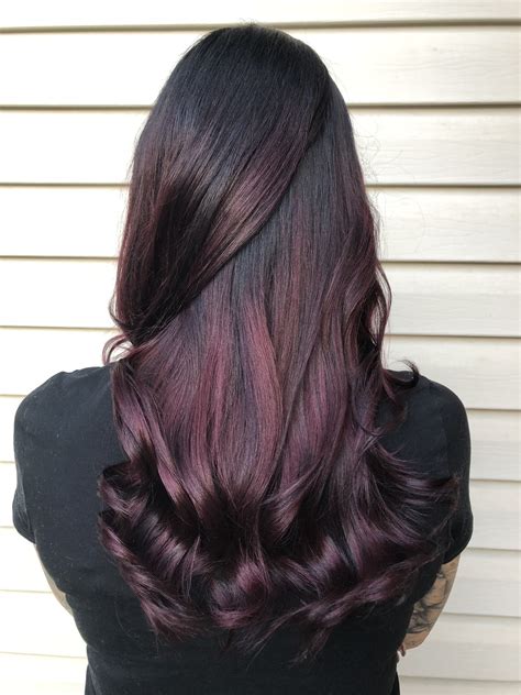 plum hair balayage ombré purple red mahogany hair color fall 2017 curly hair style long hair