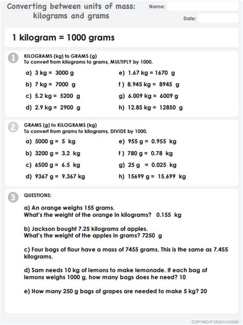 Kilograms To Grams Printable Conversion Chart For Weight