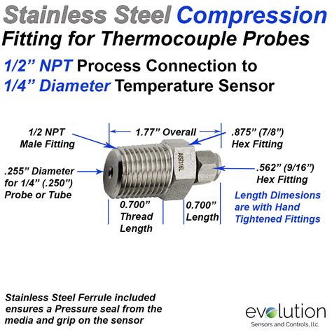 Stainless Steel Compression Fitting 12 Npt To 14 Inch Thermocouple