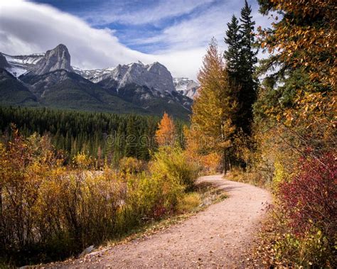 Walking Path In Canmore Alberta With Fall Trees And Colors As Well As