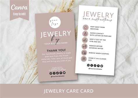 Jewelry Care Card Printable Jewellery Care Instructions Editable