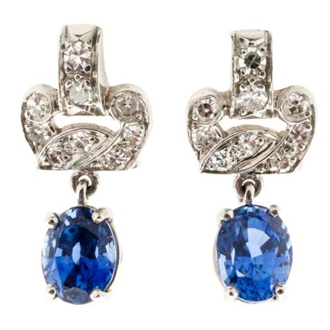 Art Deco Carat Blue Natural Sapphire Diamond Platinum Earrings For