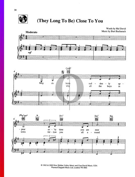 They Long To Be Close To You Sheet Music Piano Voice Guitar Oktav