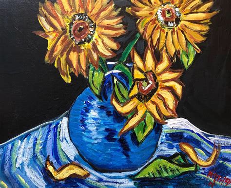 Three Sunflowers In A Blue Vase Post Impressionist Painting By