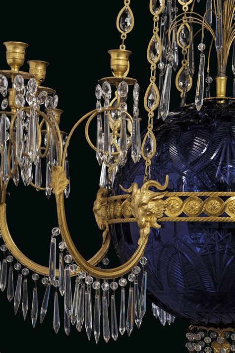 A Russian Ormolu And Cobalt Blue Cut Glass Eighteen Light Chandelier Early Th Century The