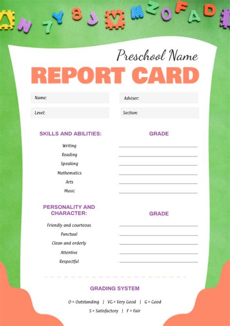 Green Pre School Report Card Template Postermywall